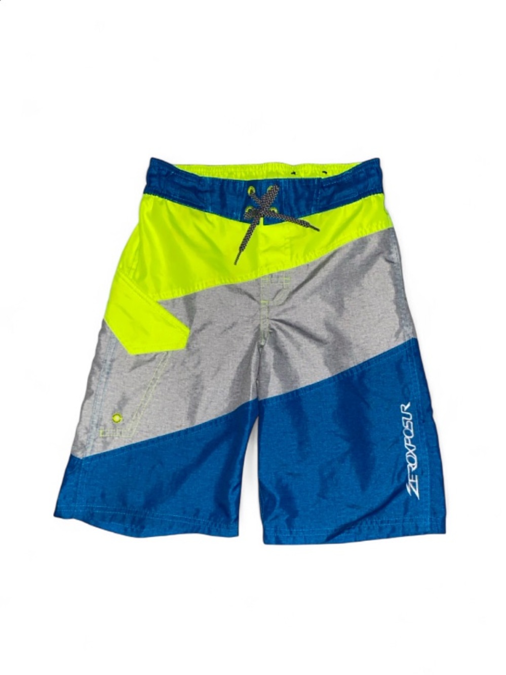 ZeroXposur Men’s Blue Gray Neon Yellow Colorblock Swim Shorts